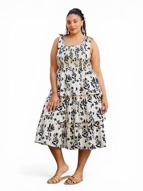 NWT Skies Are Blue Plus Black Cream Floral Tiered Cotton Summer Midi Dress 3X